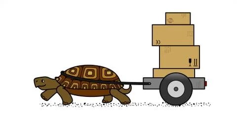 Vector cute land turtle carrying a cart with boxes, side view; cardboard boxe Stockillustratie