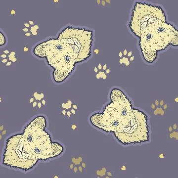 Vector Cute Lion Cub with Lion Paw Prints on Lavender Purple seamless pattern Stock Illustration