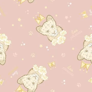 Vector Cute Lion Cub Princess with Crown on Warm Pink seamless pattern Stock Illustration