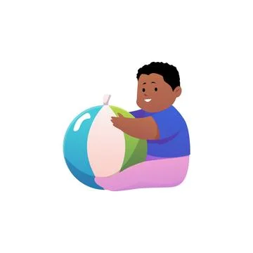 Vector of cute little boy sitting with colorful ball, isolated illustration. Stock Illustration