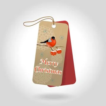 Vector cute Merry Christmas gift tags with bullfinch sitting on a Rowan branch Stock Illustration