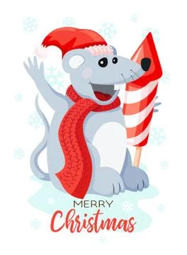 Vector Cute mouse dressed in Santa Hat with a huge firework isolated on white Stock Illustration