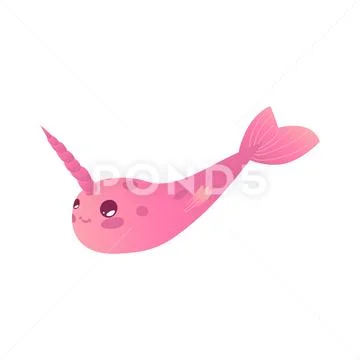 Vector cute narwhal character with horn flat icon Stock Illustration