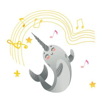 Vector cute narwhal character with horn flat icon Stock Illustration