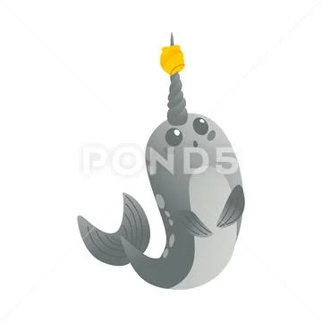 Vector cute narwhal character with horn flat icon Stock Illustration