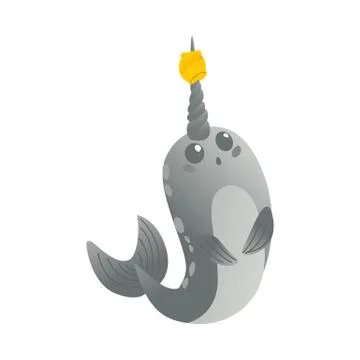 Vector cute narwhal character with horn flat icon Stock Illustration