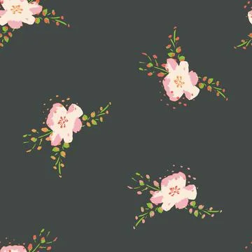 Vector Cute Painted Pink Flowers on Gray seamless pattern background. Perfect Stock Illustration