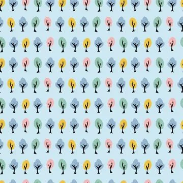 Vector cute pastel blue trees pen sketch polka dot seamless pattern backgroun 스톡 일러스트