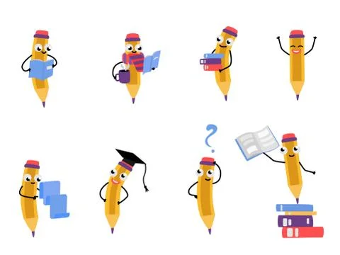 Vector cute pencil character set Stock Illustration