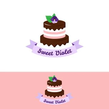 Vector cute pink cake logo with chocolate and violet flower on the top. Weddi Stock Illustration