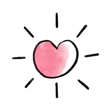 Vector Cute pink hand drawn watercolor heart with sun rays. Stock Illustration