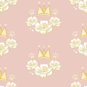 Vector Cute Princess Flower Crown on Dusty Pink seamless pattern background Stock Illustration