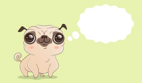 Vector cute pug dog with bubble in kawaii style. Stock Illustration