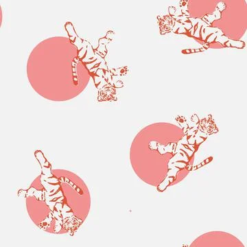 Vector Cute Red Tigers Drawing with Pink Geometrical Shapes seamless pattern Stock Illustration
