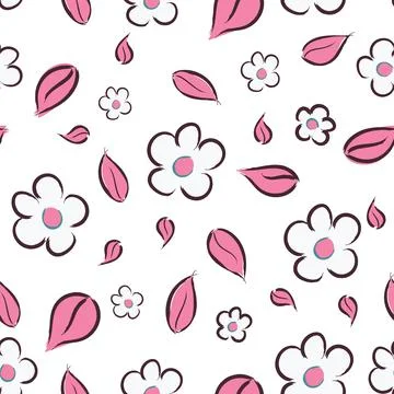 Vector cute seamless floral pattern with pink flowers and leaves on white Illustrazione stock