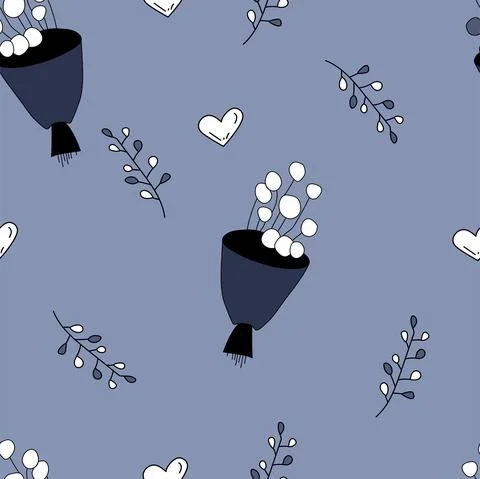 Vector. Cute seamless love pattern with bouquets, branches, hearts, sketches. Stock Illustration