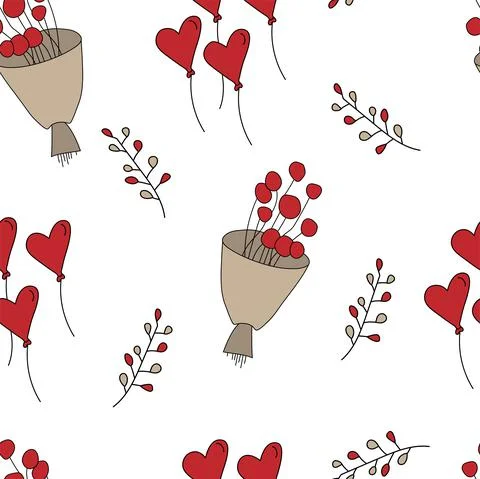 Vector. Cute seamless love pattern with bouquets, branches, hearts, sketches. Stock Illustration