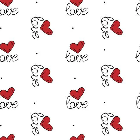 Vector. Cute seamless love pattern with hand drawn heart and lettering: love. Stock Illustration