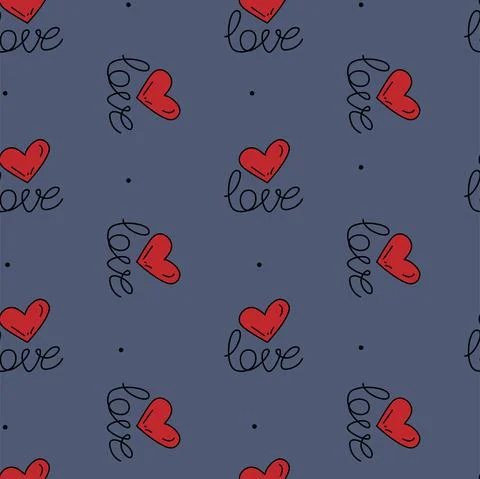 Vector. Cute seamless love pattern with hand drawn heart and lettering: love. Stock Illustration