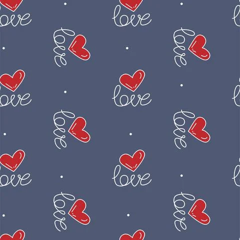 Vector. Cute seamless love pattern with hand drawn heart and lettering: love. Stock Illustration