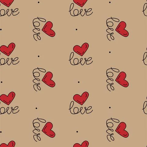 Vector. Cute seamless love pattern with hand drawn heart and lettering: love. Stock Illustration