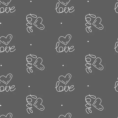 Vector. Cute seamless love pattern with hand drawn heart and lettering: love. Stock Illustration