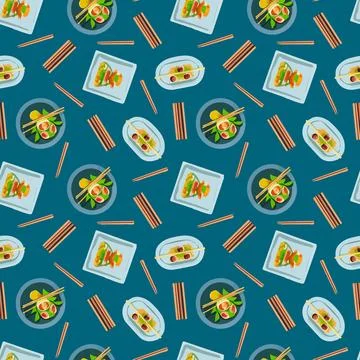 Vector Cute seamless pattern with Asian food in cartoon style. Stock Illustration