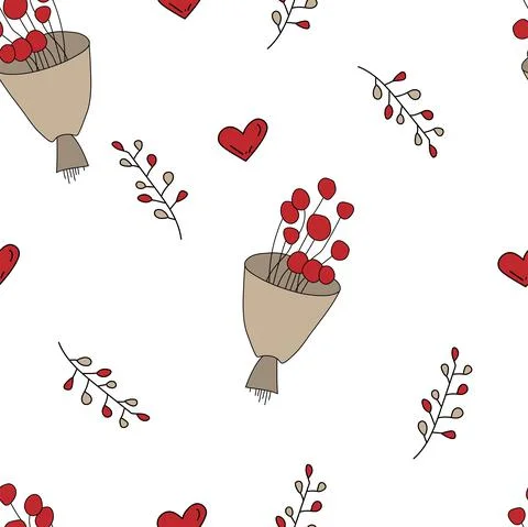 Vector. Cute seamless pattern with bouquets, branches, hearts, sketches. Stock Illustration