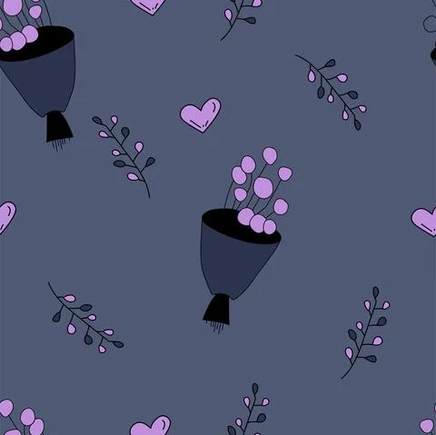 Vector. Cute seamless pattern with bouquets, branches, hearts, sketches. Stock Illustration