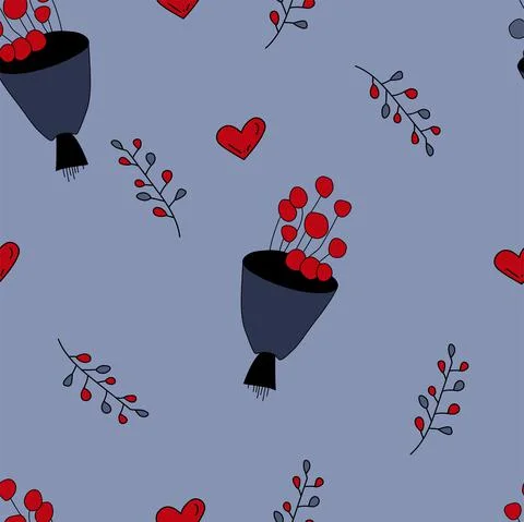 Vector. Cute seamless pattern with bouquets, branches, hearts, sketches. Stock Illustration