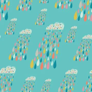 Vector cute seamless pattern with colorful rainy clouds. Blue endless backgro 库存插图