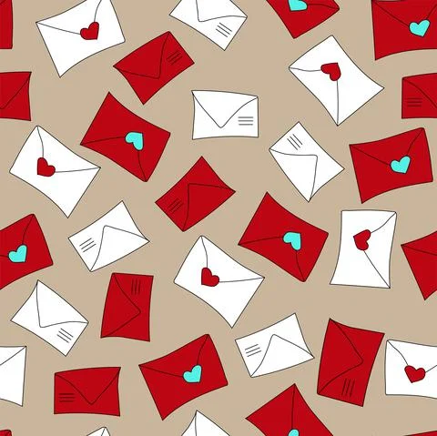 Vector. Cute seamless pattern with envelopes, mail, mail, on a beige background. Stock Illustration