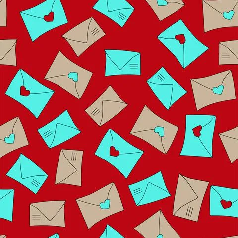 Vector. Cute seamless pattern with envelopes, mail, on a red background. 스톡 일러스트