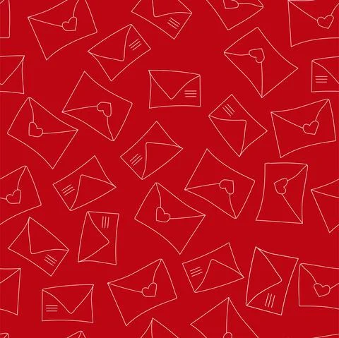 Vector. Cute seamless pattern with envelopes, mail, on a red background. 스톡 일러스트