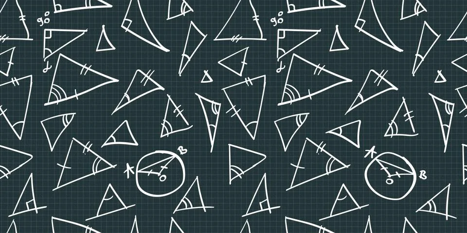 Vector cute seamless pattern with handwritten white mathematical figures, tri Stock Illustration