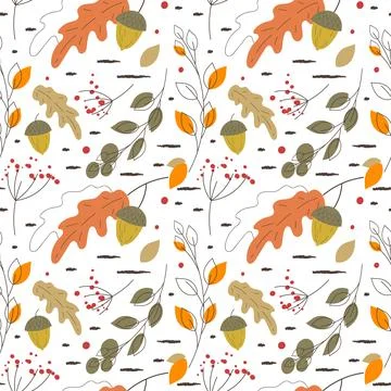 Vector cute seamless pattern, scandinavian autumn hand drawn thin line design Stock Illustration