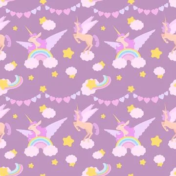Vector cute seamless pattern with unicorns, rainbows, stars and clouds. Sea.. Stock Illustration