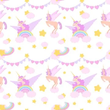 Vector cute seamless pattern with unicorns, rainbows and clouds.Seamless patt Stock Illustration