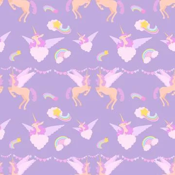 Vector cute seamless pattern with unicorns, rainbows, stars and clouds. Sea.. Stock Illustration