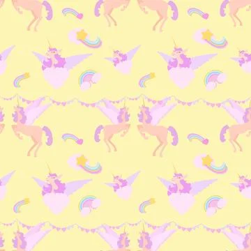 Vector cute seamless pattern with unicorns, rainbows and clouds.Seamless patt Stock Illustration