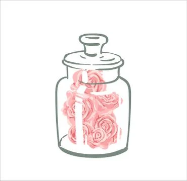 Vector cute single rose under flask glass. Pink eternal flower art. Vintage Stock Illustration