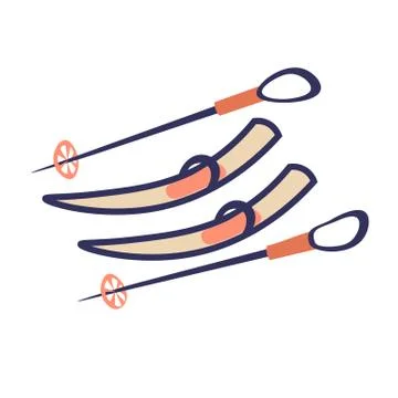 Vector cute ski and skiing equipment - ski and sticks - illustration in cartoon Stock Illustration