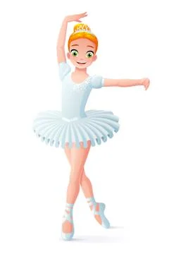 Vector cute smiling young dancing ballerina girl in white tutu. Stock Illustration