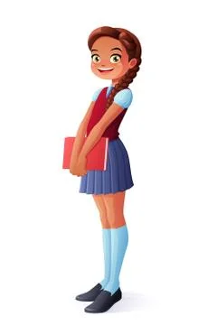 Vector cute smiling young school student girl standing with book. Stock Illustration