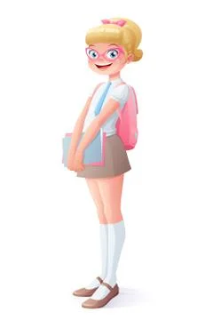 Vector cute smiling young school student girl standing with textbooks. Stock Illustration