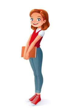 Vector cute smiling young school student girl standing with book. Stock Illustration