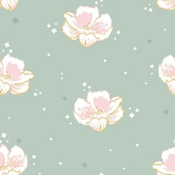 Vector Cute Sparkling Pink Roses on Sage Green seamless pattern background Stock Illustration