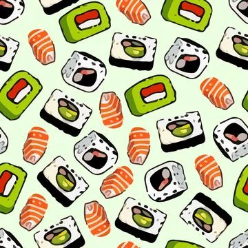 Vector Cute Sushi background seamless pattern Stock Illustration