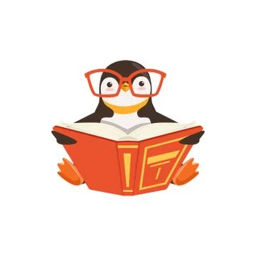 Vector Cute Toon Penguin In Glasses Reading A Book On White Background Ilustración de archivo