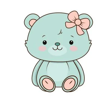 Vector cute turquoise bear toy for kids icon. Vector Female bear with a bow in Stock Illustration